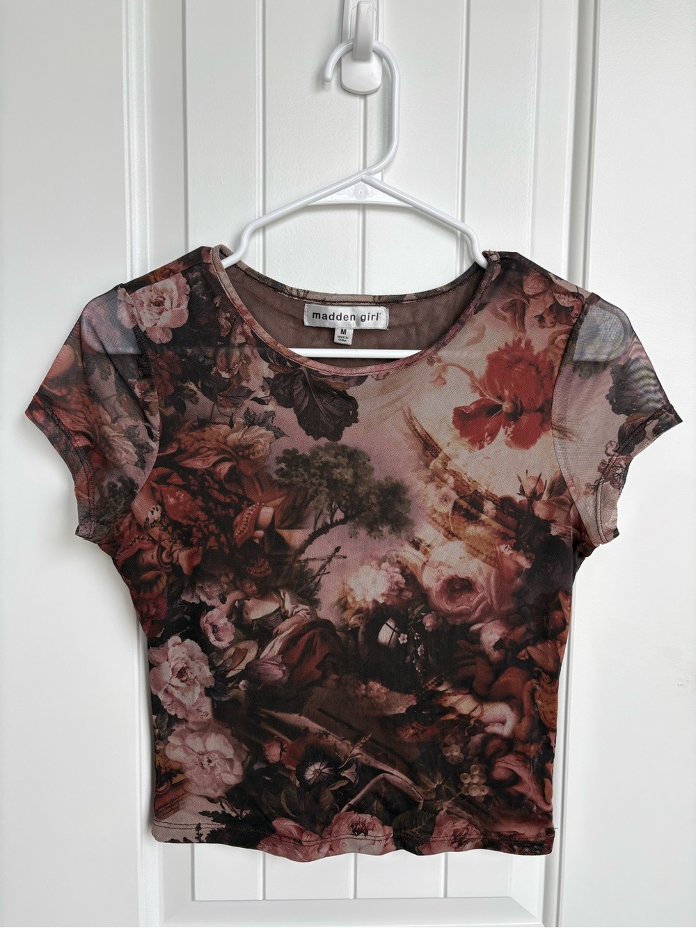 Madden Girl Semi Sheer Mesh Crop Renaissance Floral Top Medium Y2K Moody